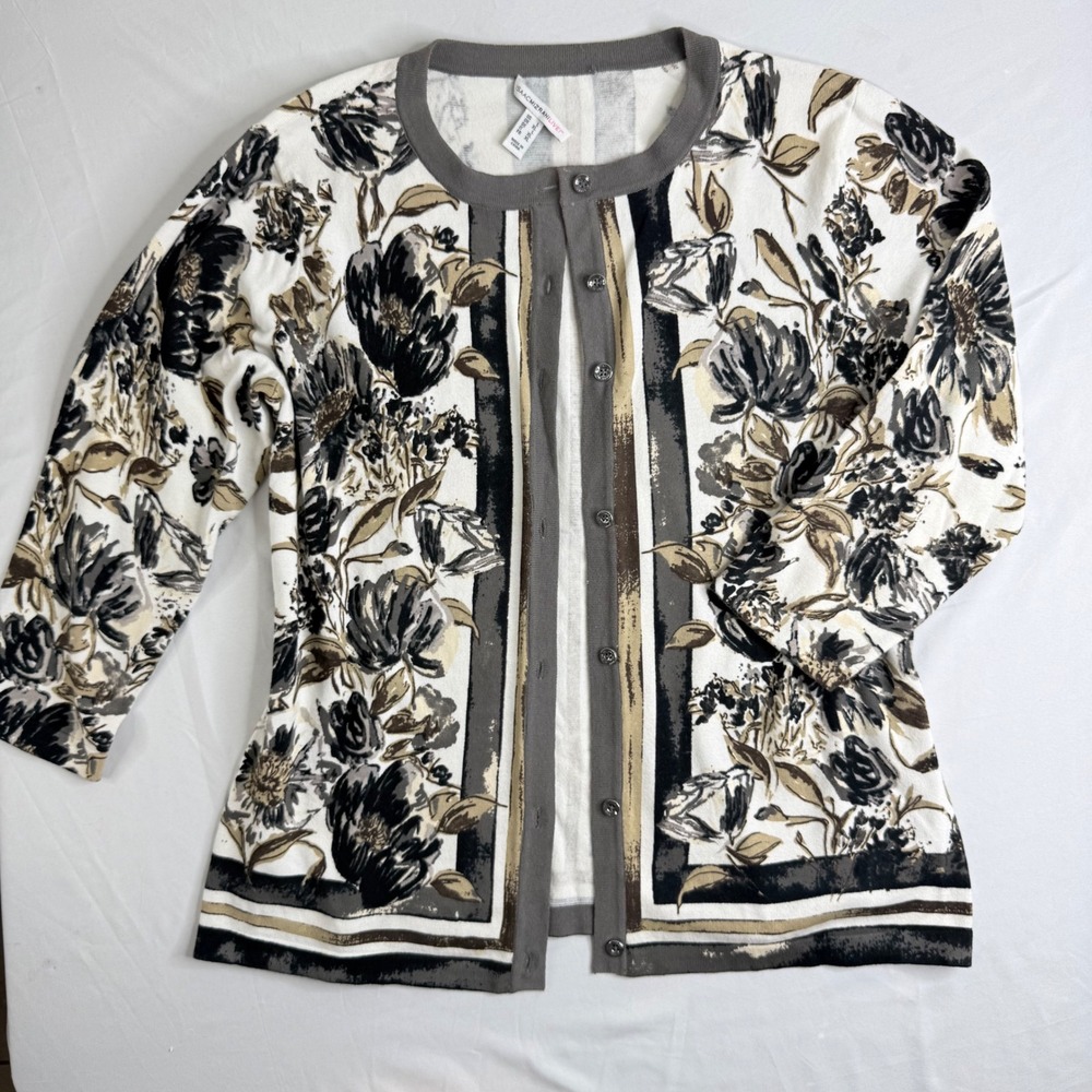 Isaac Mizrahi Live Womens Large Floral Cardigan Grey Tan White 3/4 Sleeve Knit